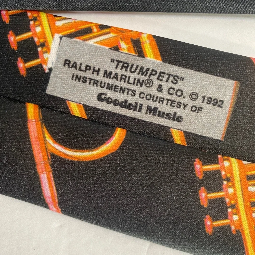 Vintage Ralph Marlin Neck Tie Musical Instrument Trumpet Print Novelty‎ Jazz